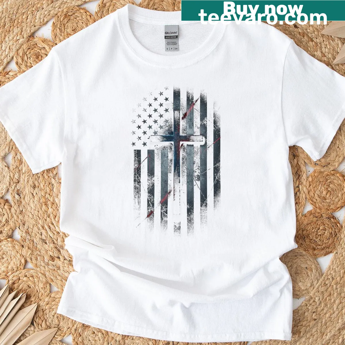 Grunge American Flag and Cross design on a T-shirt — on a men's t-shirt