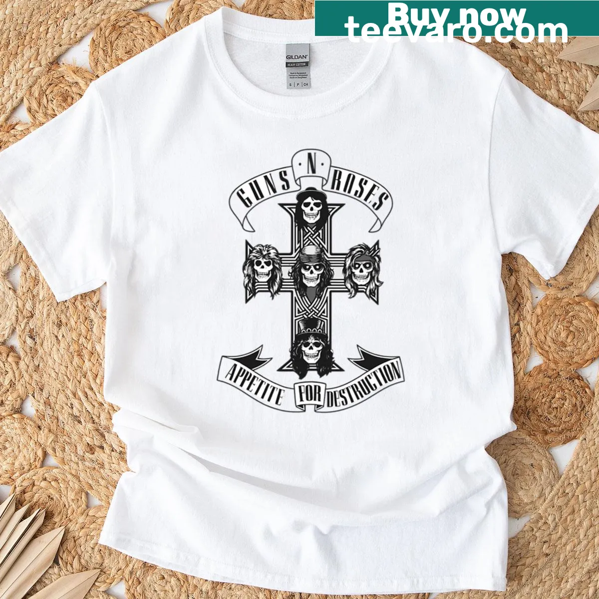 Monochrome crossword T-shirt design featuring Guns N Roses — on a men's t-shirt