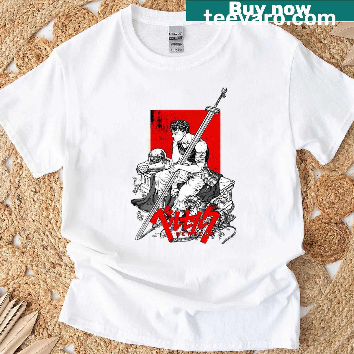 Oversized Guts anime t-shirt with dynamic character illustration — on a men's t-shirt