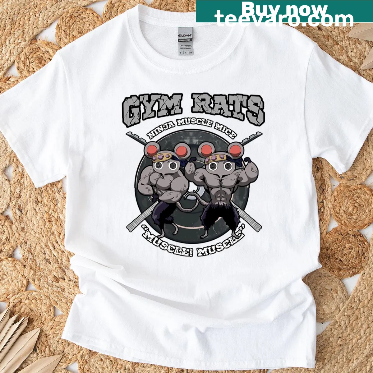 Cartoon ninja mice flexing muscles on a humorous gym-themed t-shirt — on a men's t-shirt