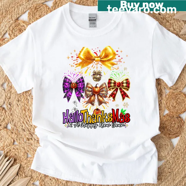 Hallothanksmas graphic with fireworks and bow on T-shirt