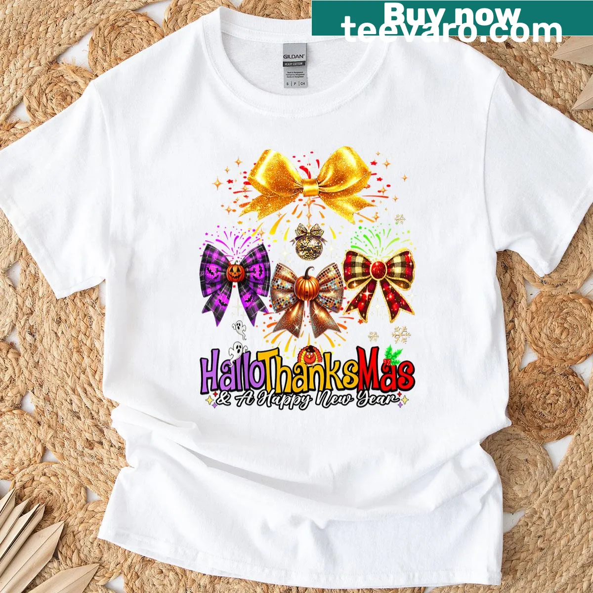 Hallothanksmas graphic with fireworks and bow on T-shirt — on a men's t-shirt