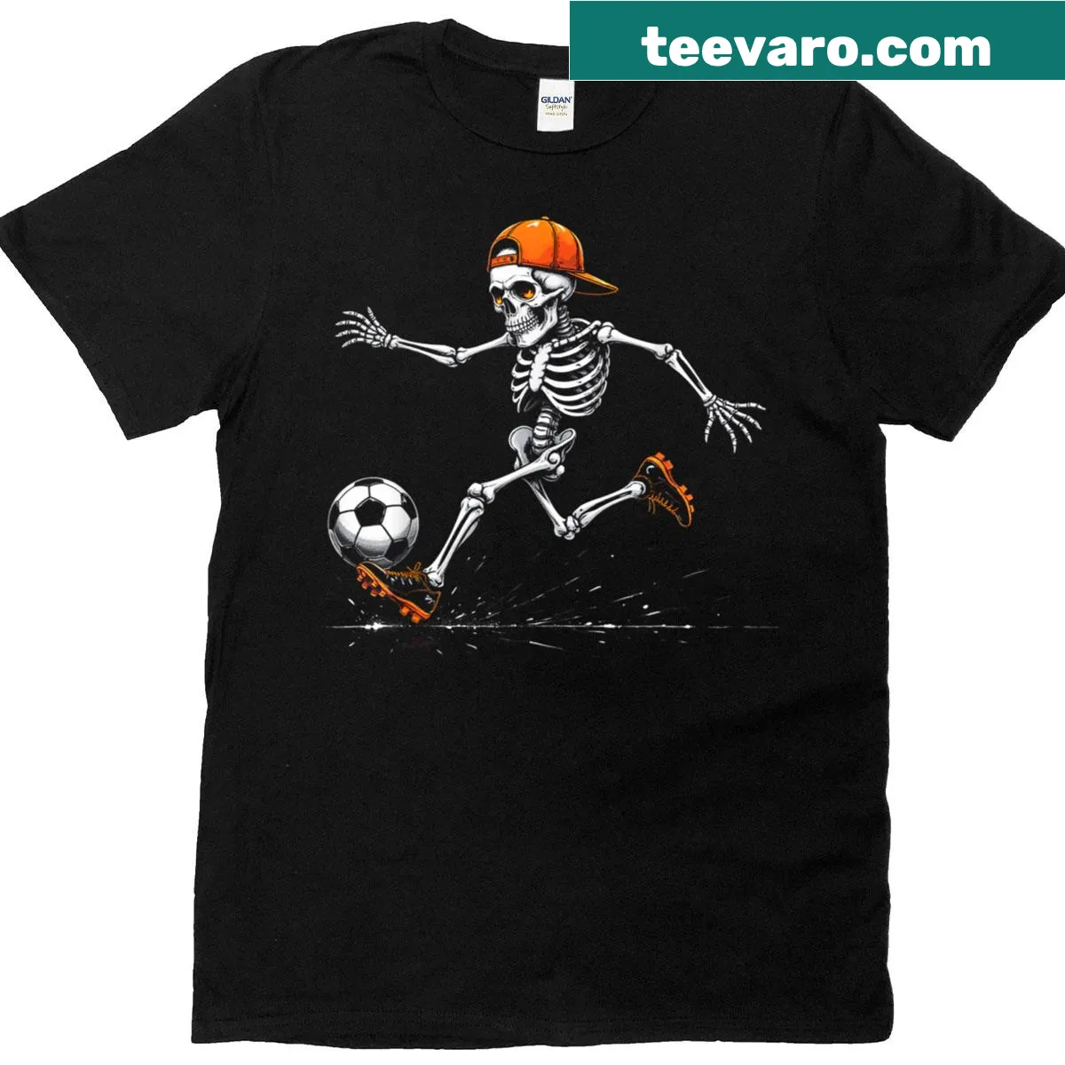 Funny skeleton soccer player Halloween design for kids — on a men's t-shirt
