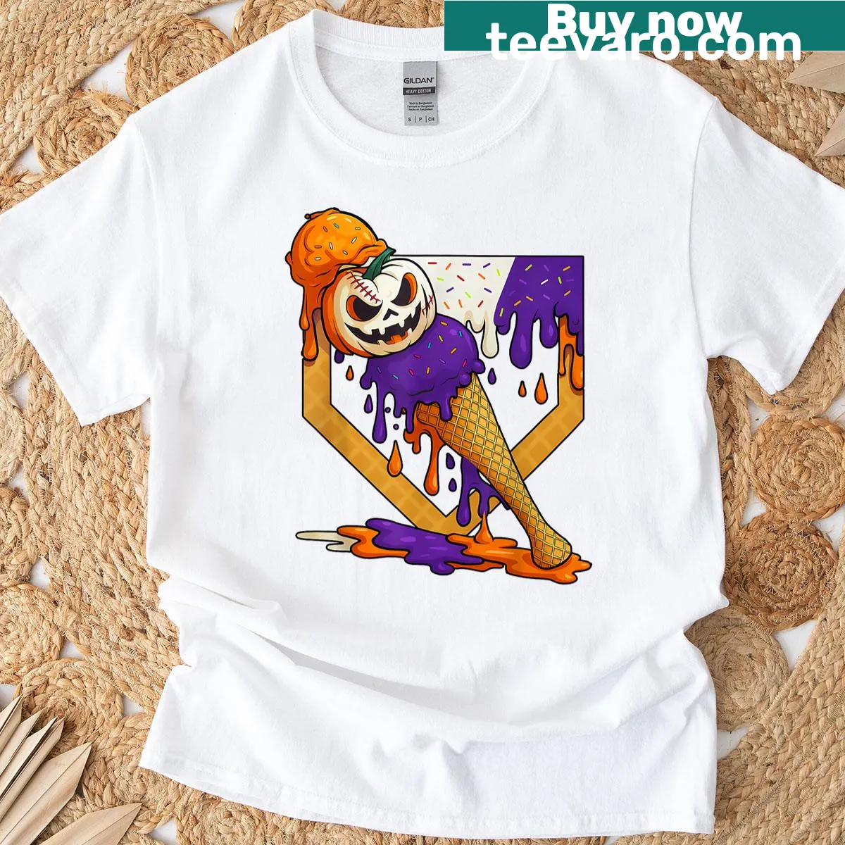 Halloween-themed t-shirt with baseball and ice cream graphic — on a men's t-shirt