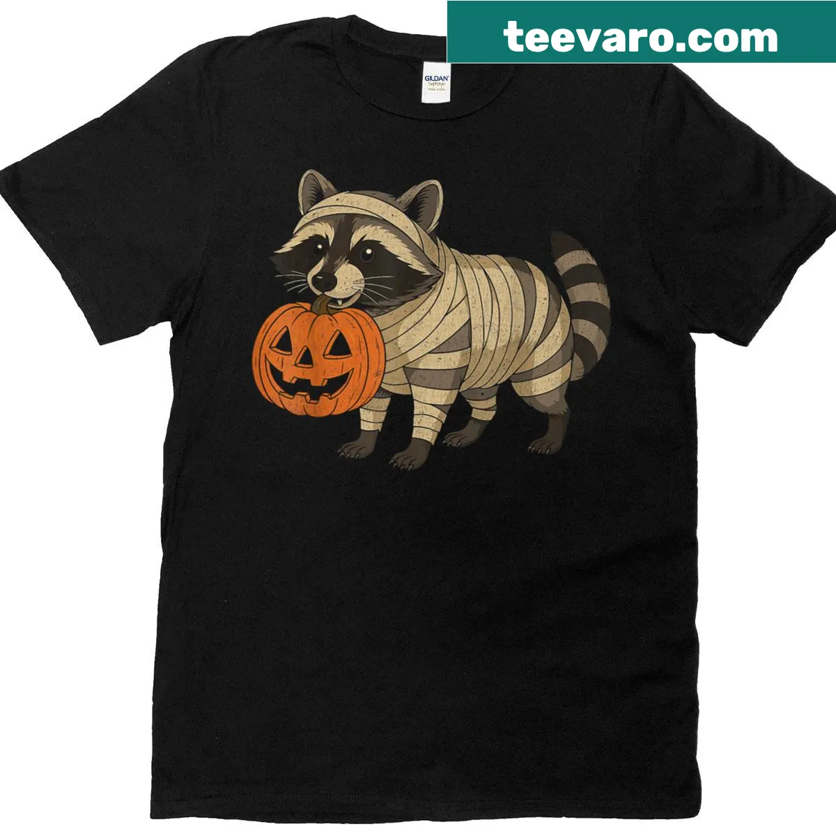 Funny t-shirt featuring a raccoon in a mummy costume for Halloween — on a men's t-shirt