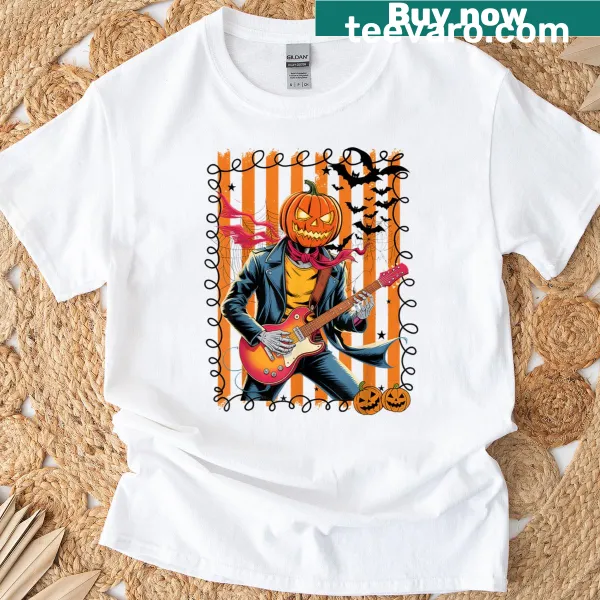 Funny pumpkin-headed skeleton guitarist Halloween T-shirt