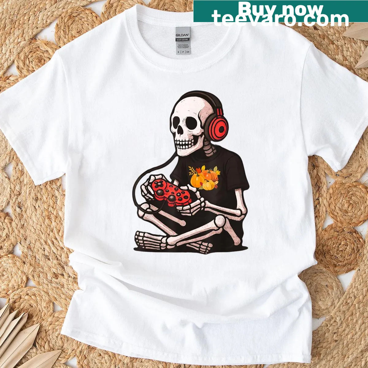 Skeleton gamer graphic on a Halloween-themed T-shirt — on a men's t-shirt