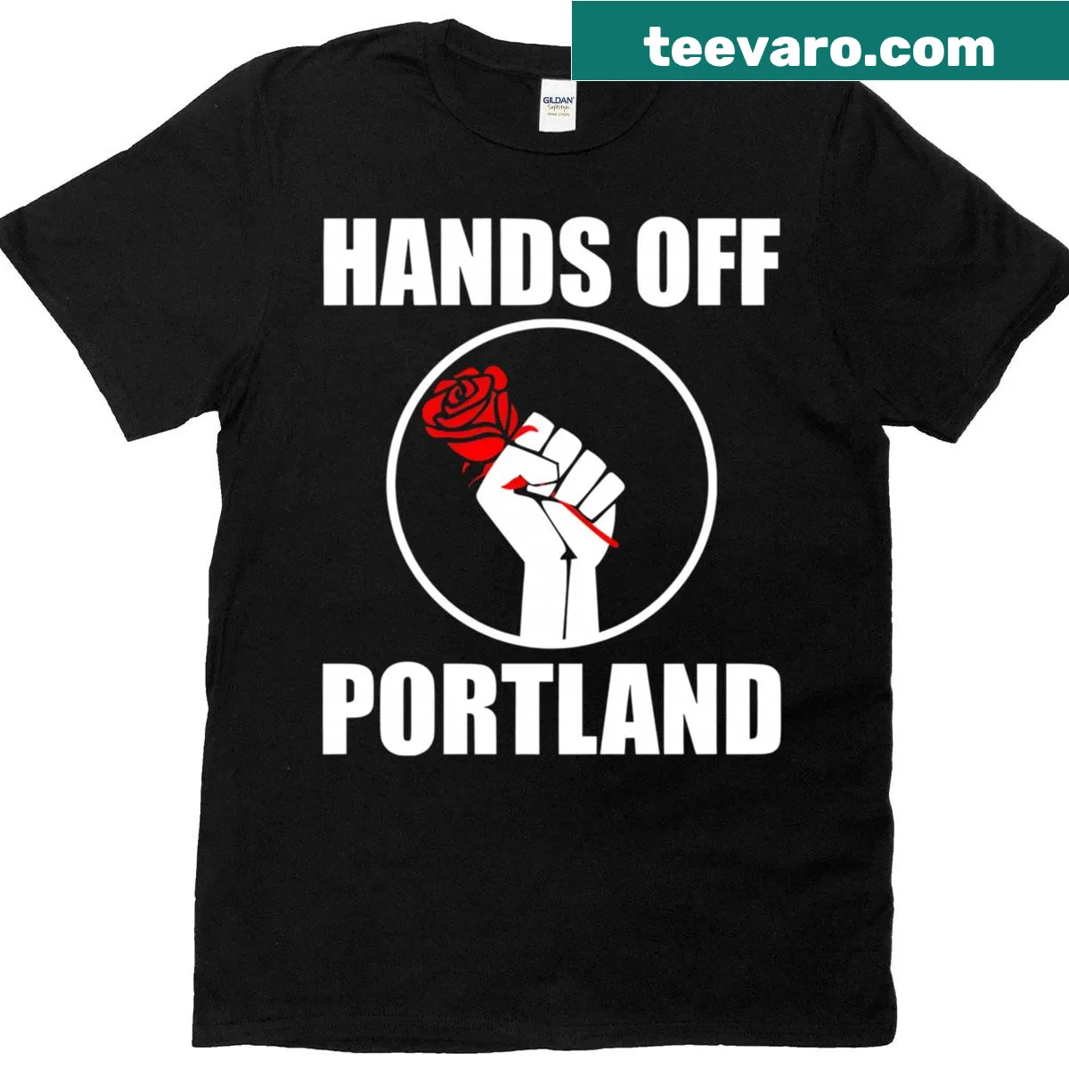 T-shirt featuring 'Hands Off Portland' text for local pride — on a men's t-shirt