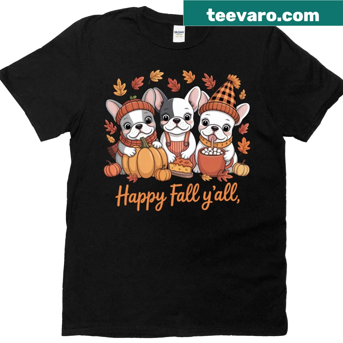 Cute French Bulldog with pumpkins and 'Happy Fall Y'all' text — on a men's t-shirt