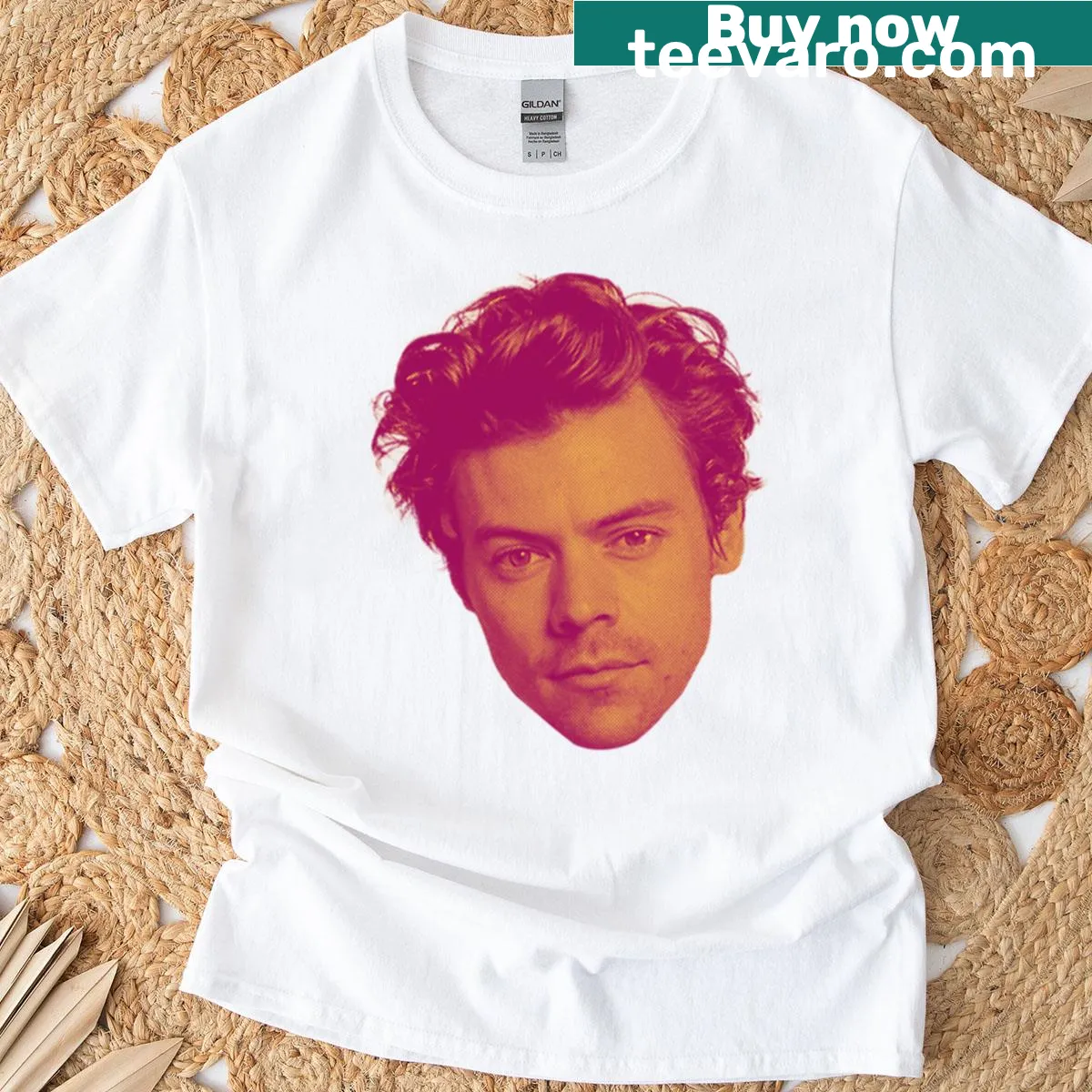 Illustrated T-shirt featuring Harry Styles fan art — on a men's t-shirt