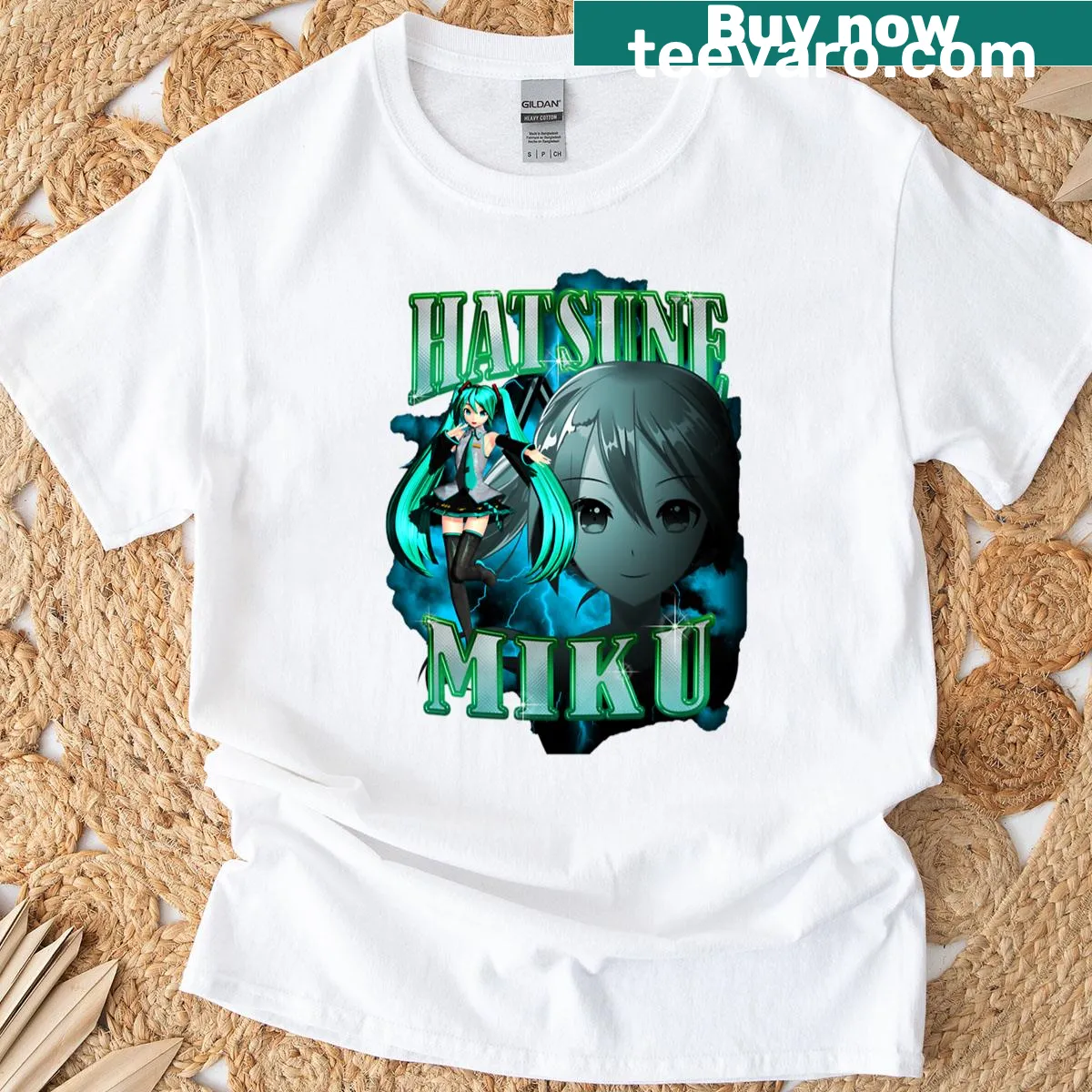 Retro T-shirt featuring Hatsune Miku in a rap design. — on a men's t-shirt
