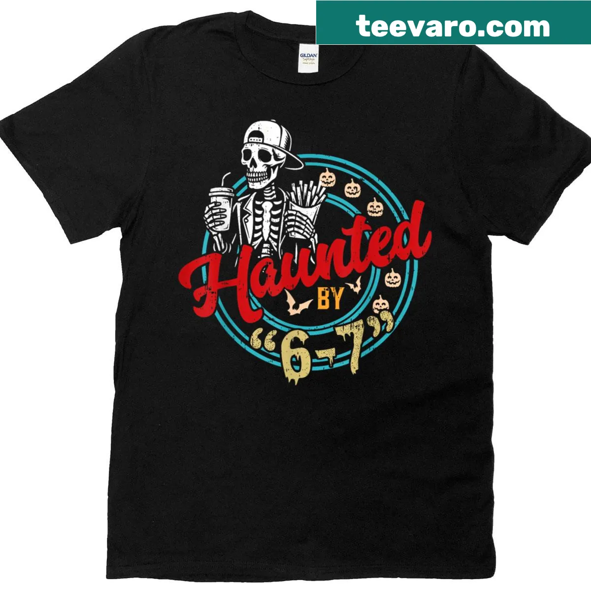Funny Halloween T-shirt with 'Haunted By 67' text — on a men's t-shirt