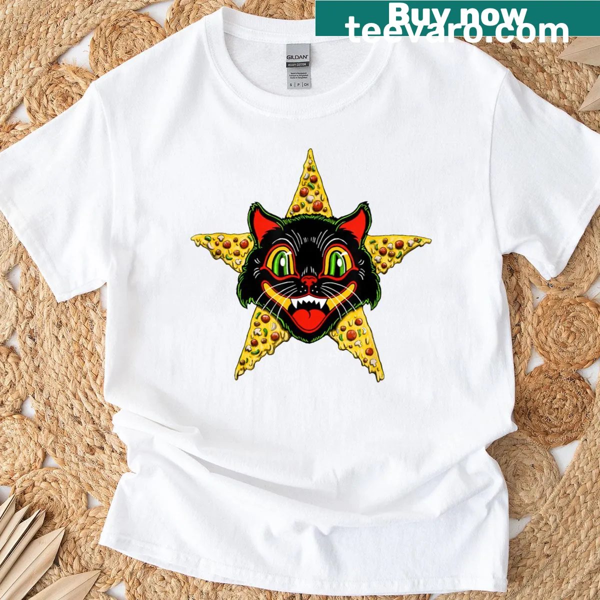 Vintage-style T-shirt with cat and pizza graphic design — on a men's t-shirt