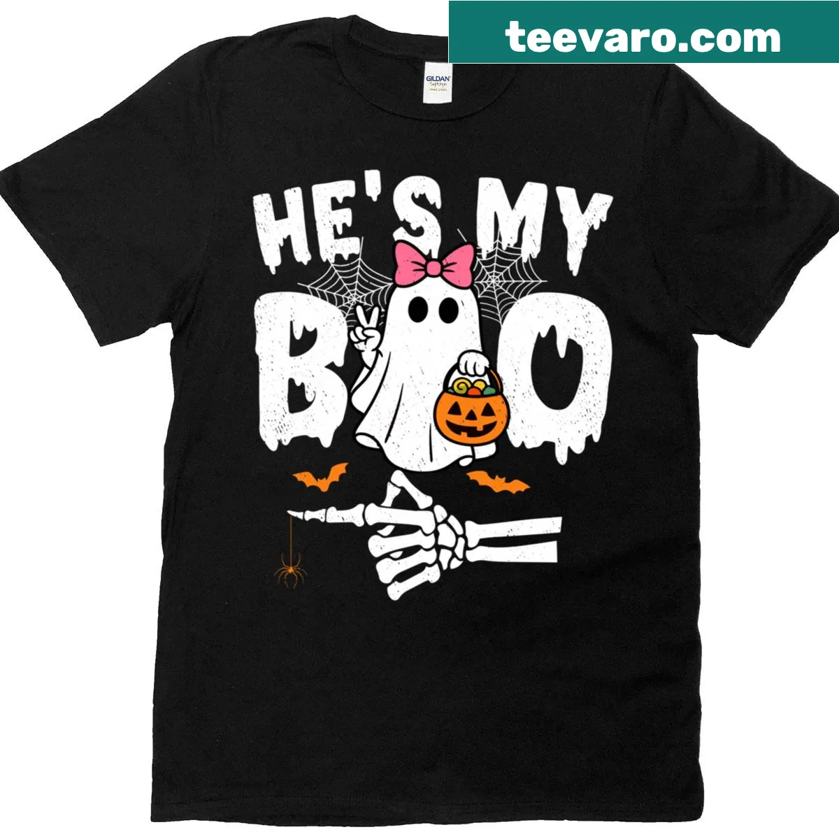Couple Halloween t-shirts with He’s My Boo and She’s My Boo designs — on a men's t-shirt
