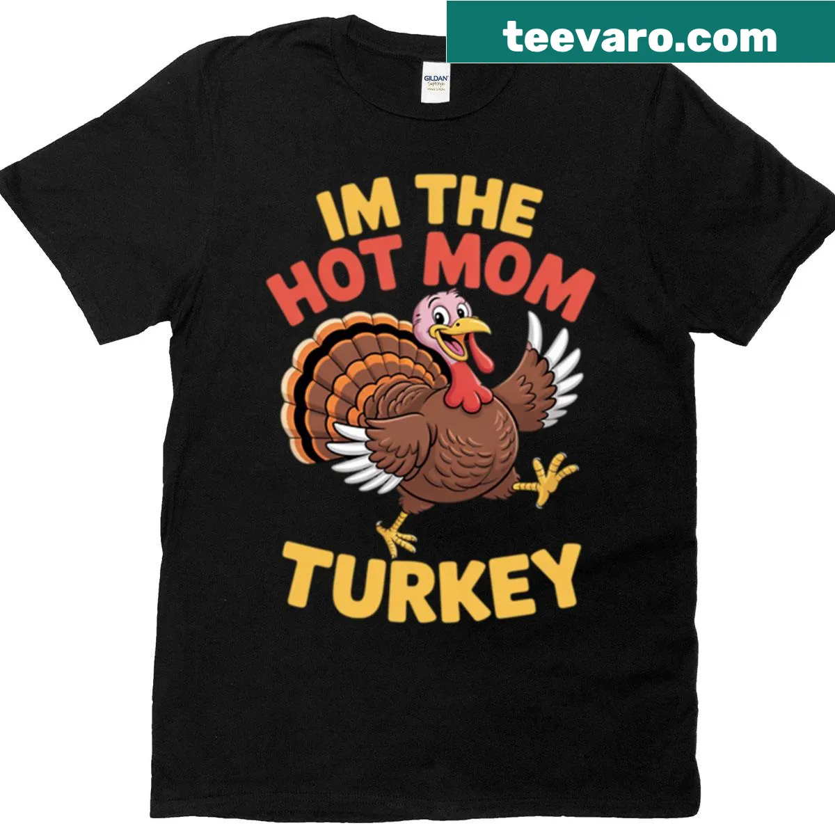 Funny T-shirt with turkey graphic and 'Hot Mom' text for Thanksgiving — on a men's t-shirt