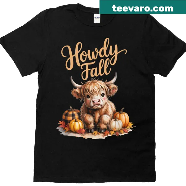 T-shirt with illustration of a Highland cow and pumpkins for fall