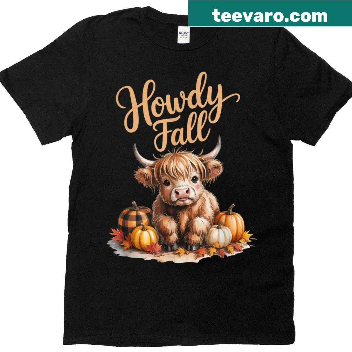 T-shirt with illustration of a Highland cow and pumpkins for fall — on a men's t-shirt
