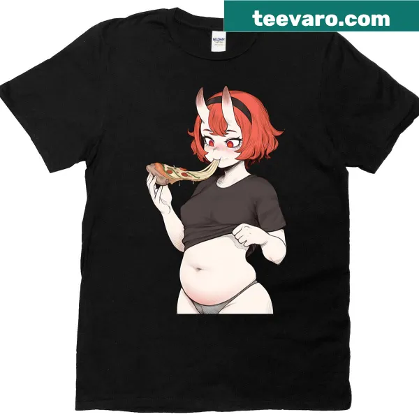 Funny T-shirt with a devil waifu character eating pizza