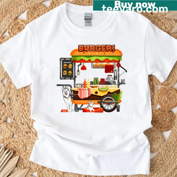 T-shirt featuring whimsical illustration of husky and hamburger cart