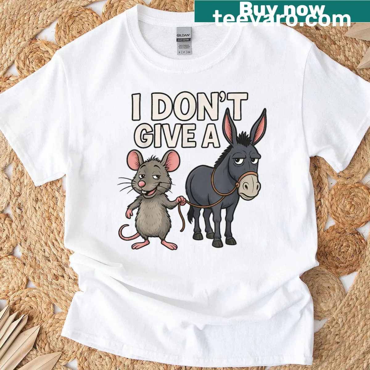 Humorous T-shirt with the phrase 'I Don't Give A Rats Donkey And Mouse' — on a men's t-shirt