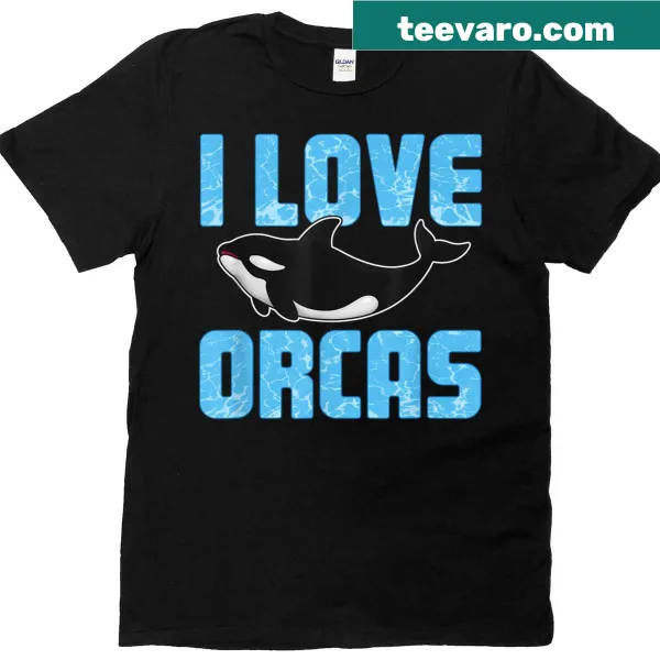 T-shirt featuring 'I Love Orcas' with an illustration of a killer whale