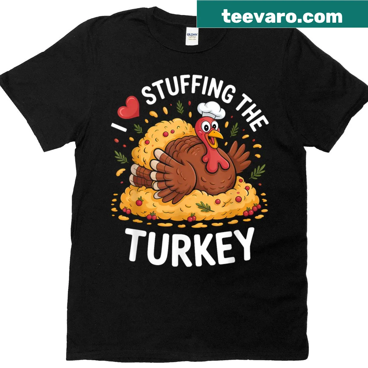 Thanksgiving T-shirt with the phrase I Love Stuffing The Turkey and chef design — on a men's t-shirt