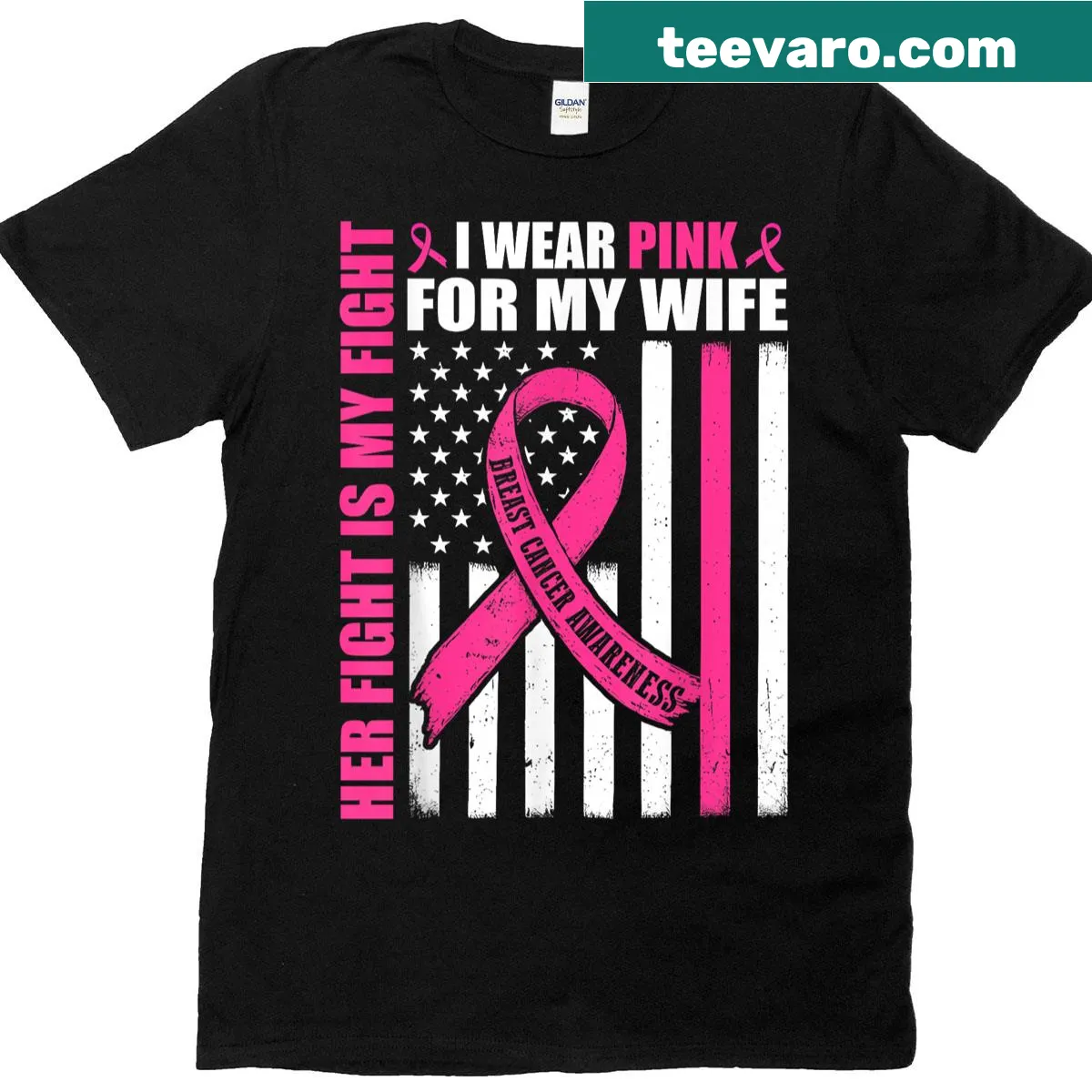 Text graphic I Wear Pink supporting breast cancer awareness — on a men's t-shirt