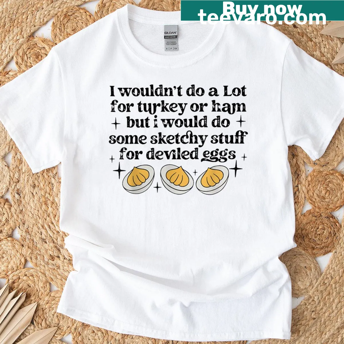Funny T-shirt with the phrase about turkey and deviled eggs in bold typography — on a men's t-shirt