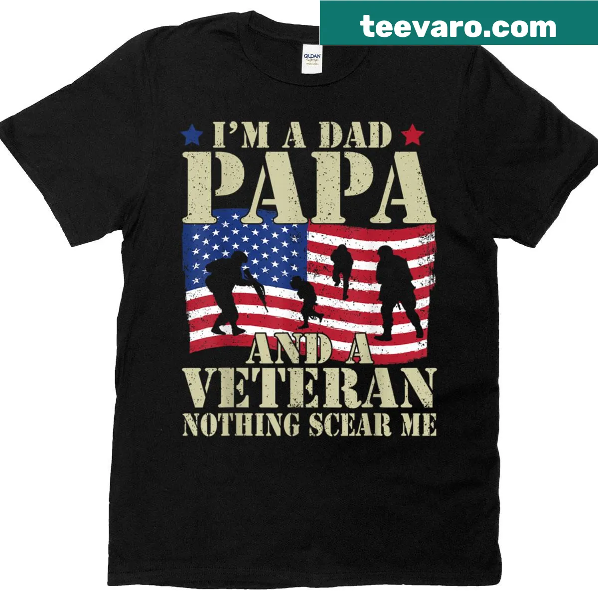 Vintage-style t-shirt with humorous Dad, Papa, and Veteran text — on a men's t-shirt