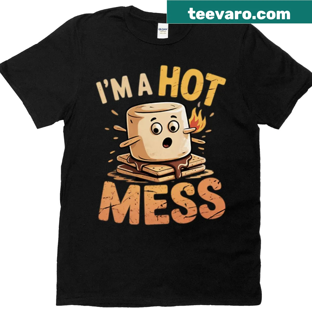 Illustration of a hot mess marshmallow character for camping lovers — on a men's t-shirt