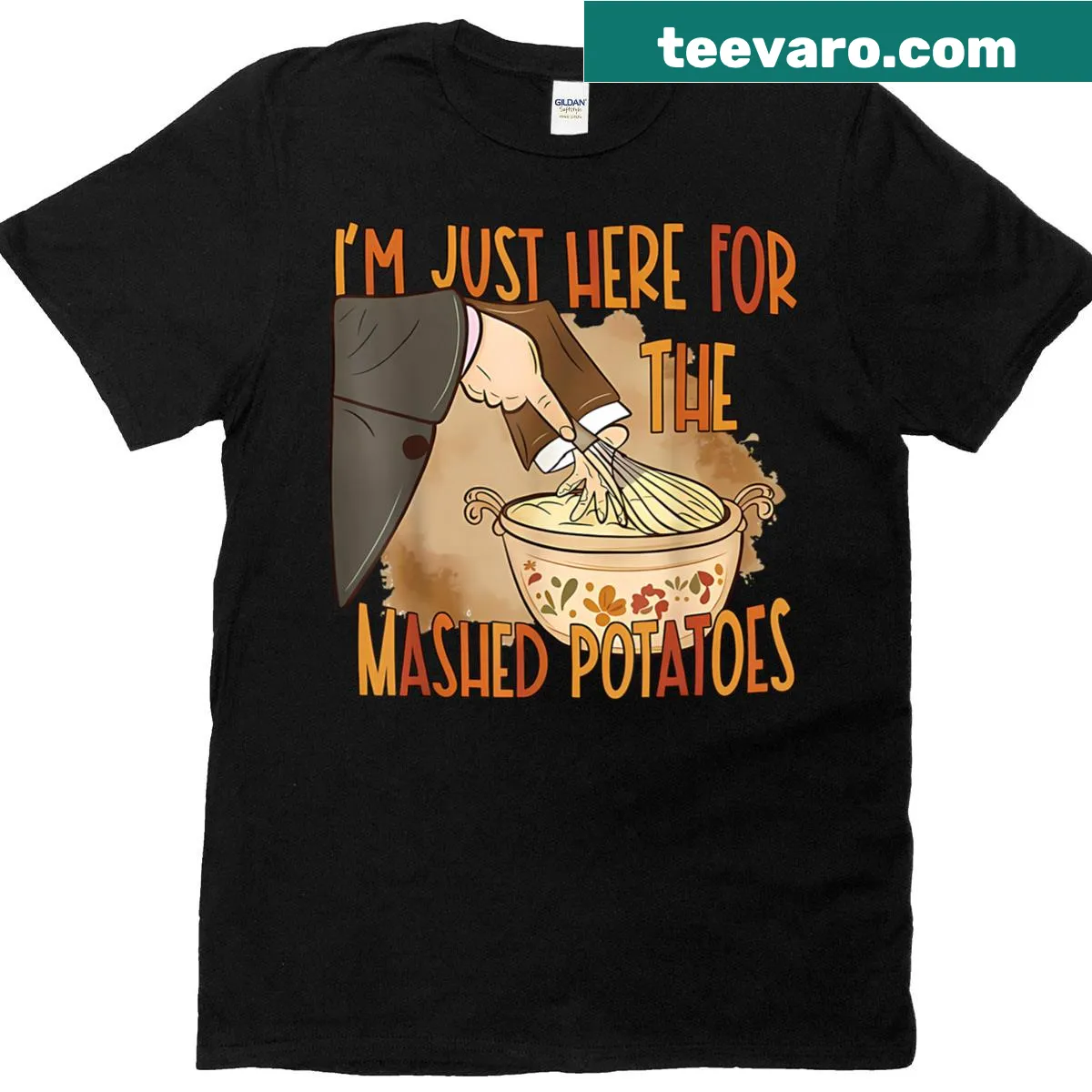 Funny Thanksgiving t-shirt with mashed potatoes design — on a men's t-shirt