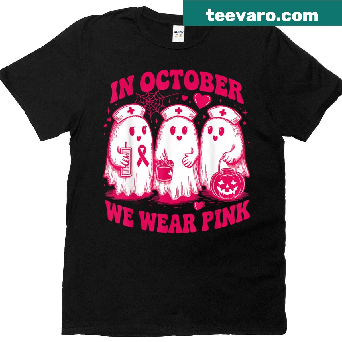Ghost with pink ribbons and funny text for nurses on Halloween — on a men's t-shirt
