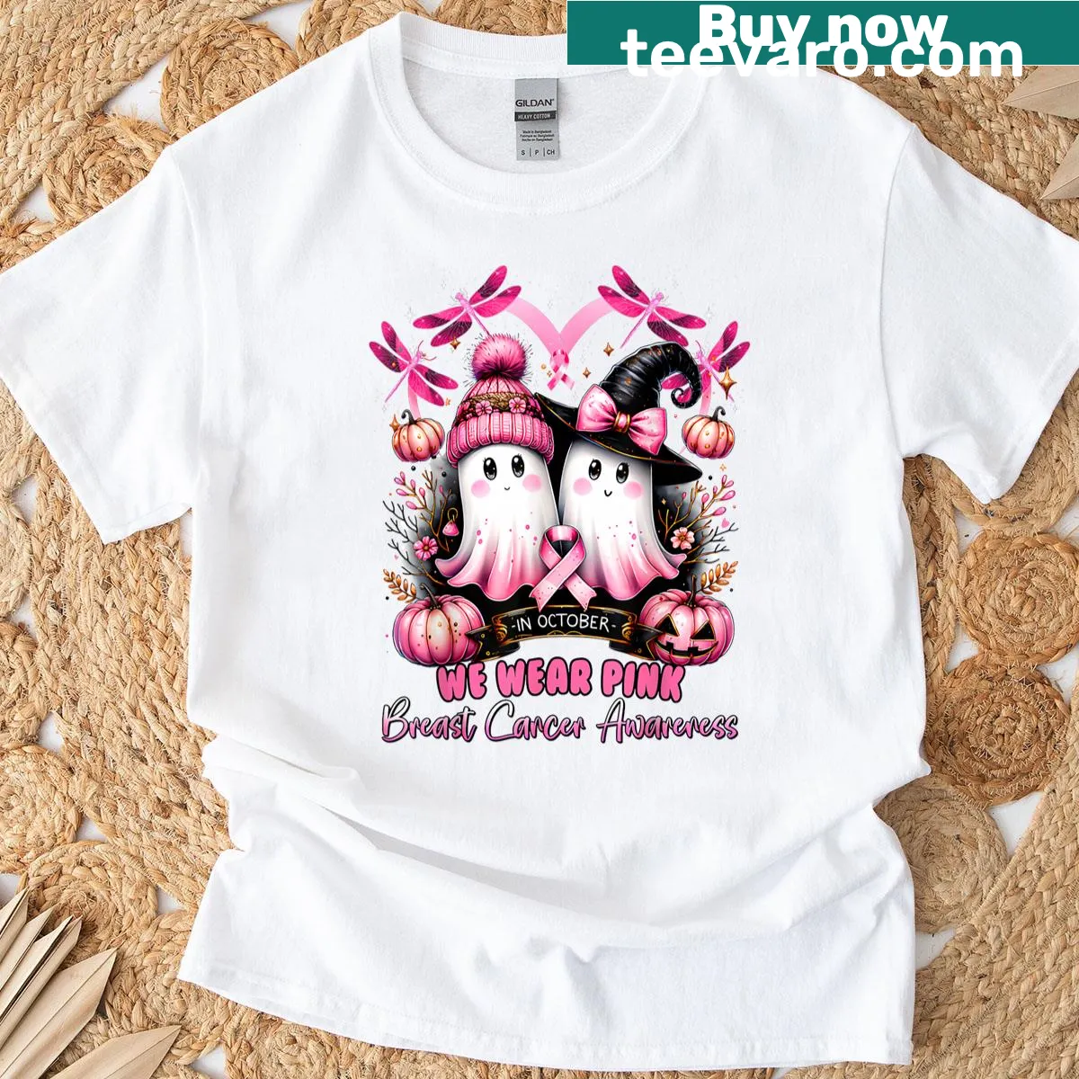Ghost and witch graphic T-shirt for Breast Cancer Awareness — on a men's t-shirt