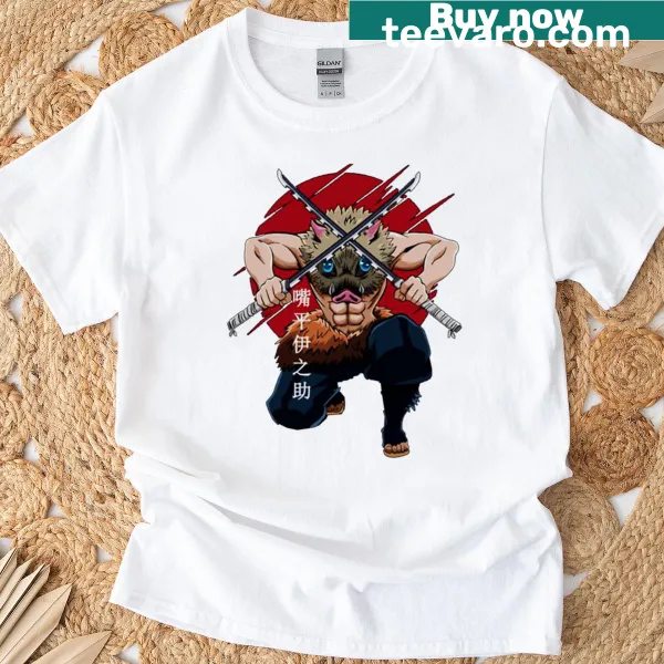 Illustrated T-shirt featuring Inosuke Hashibira from Kimetsu No Yaiba.