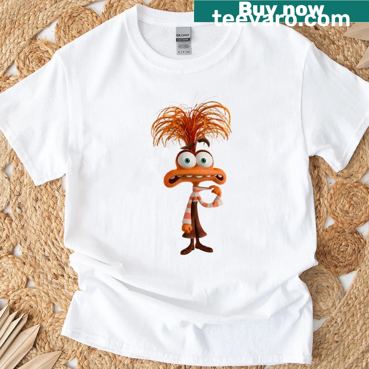 T-shirt with playful graphic illustrating anxiety themes and text. — on a men's t-shirt
