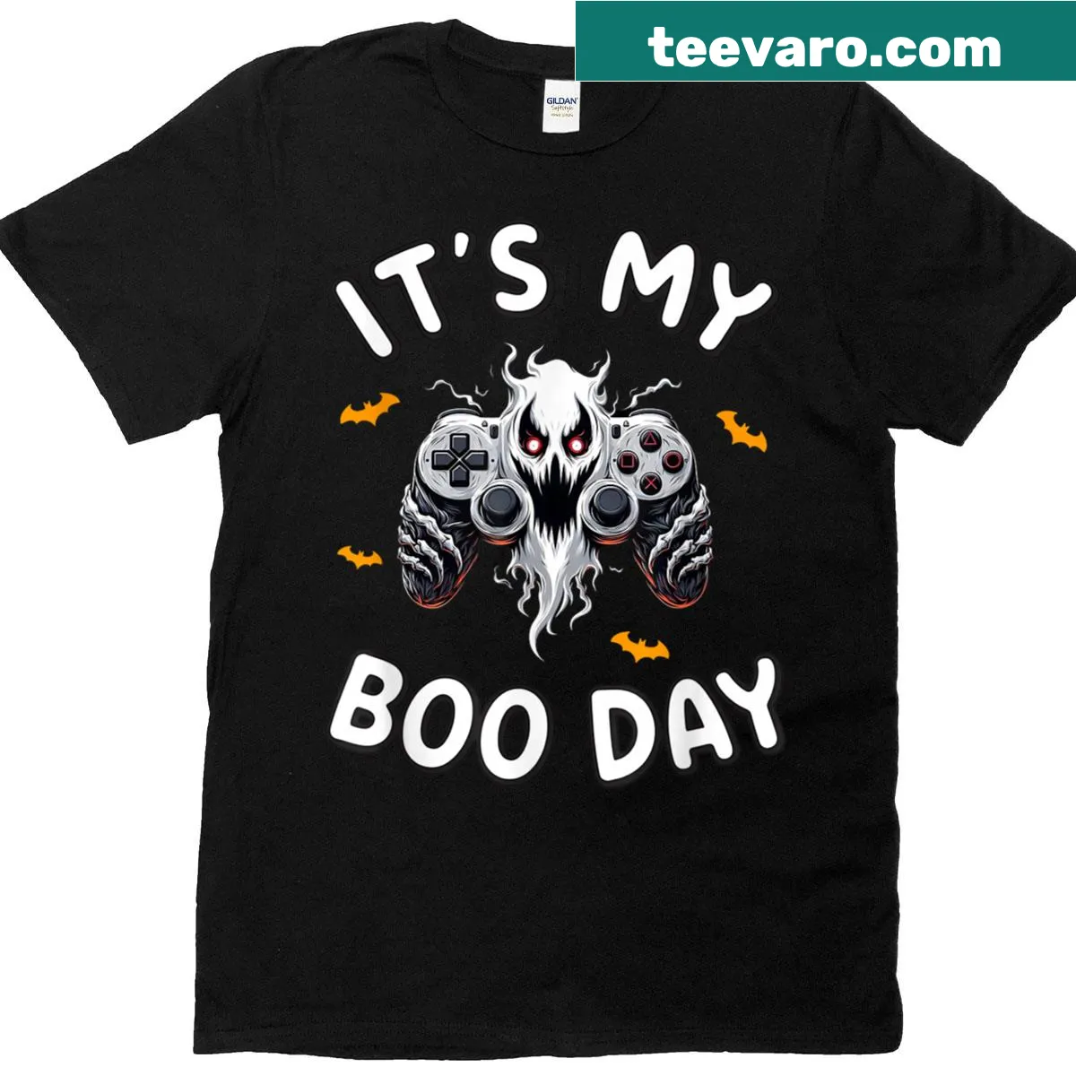 Kids T-shirt featuring spooky game controller graphic — on a men's t-shirt