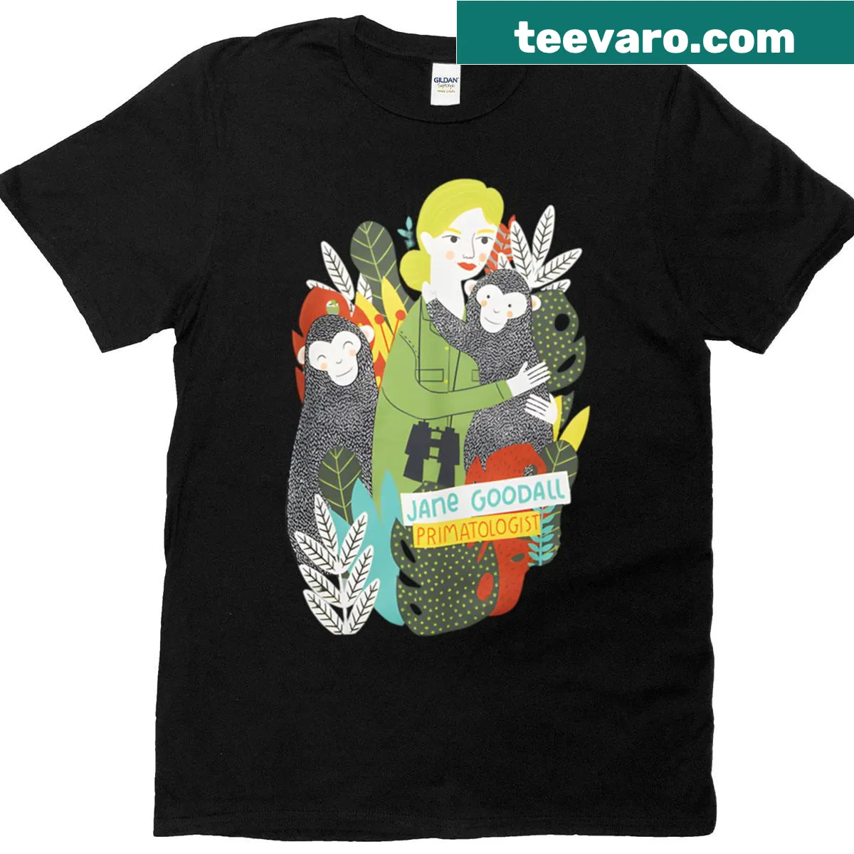 T-shirt honoring Jane Goodall with her name in a bold design — on a men's t-shirt