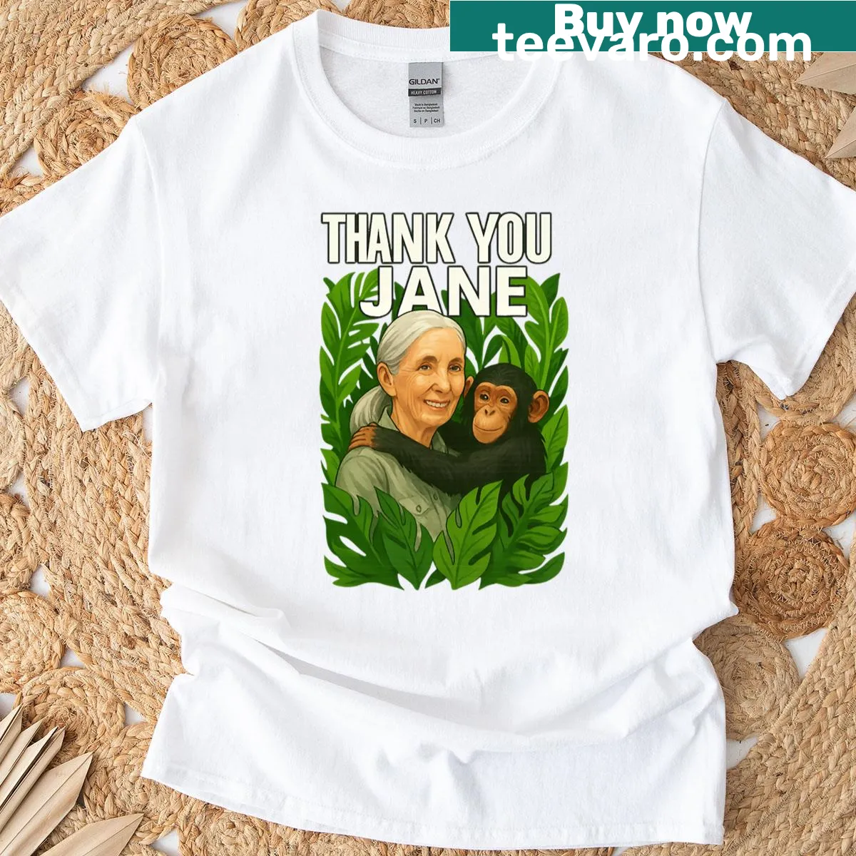 Memorial t-shirt honoring Jane Goodall and animal rights — on a men's t-shirt
