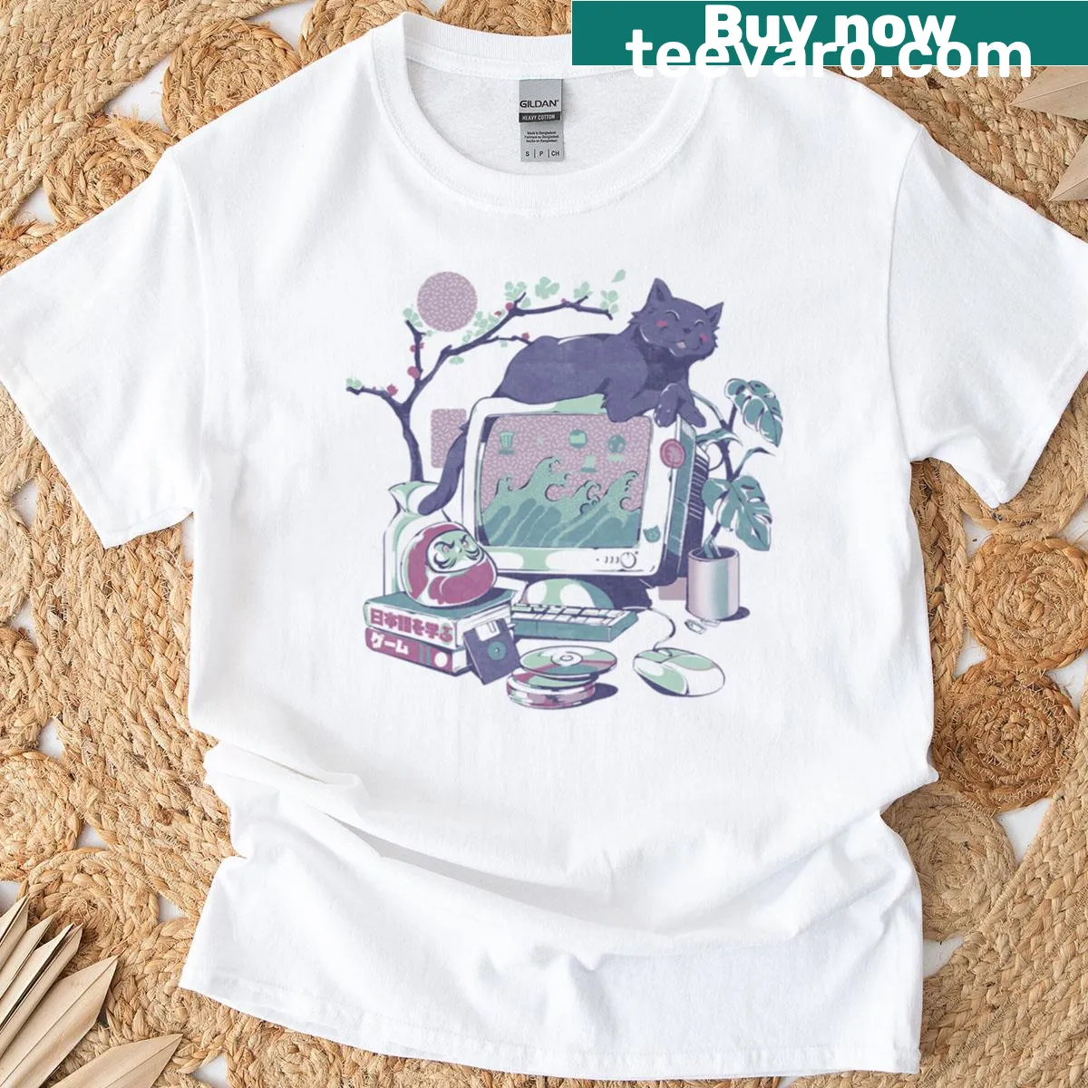 Stylized Japanese desktop illustration T-shirt design — on a men's t-shirt