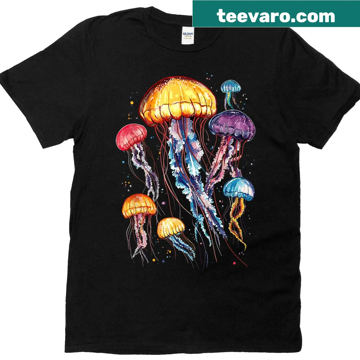 Cute illustration of various jellyfish on T-shirt — on a men's t-shirt