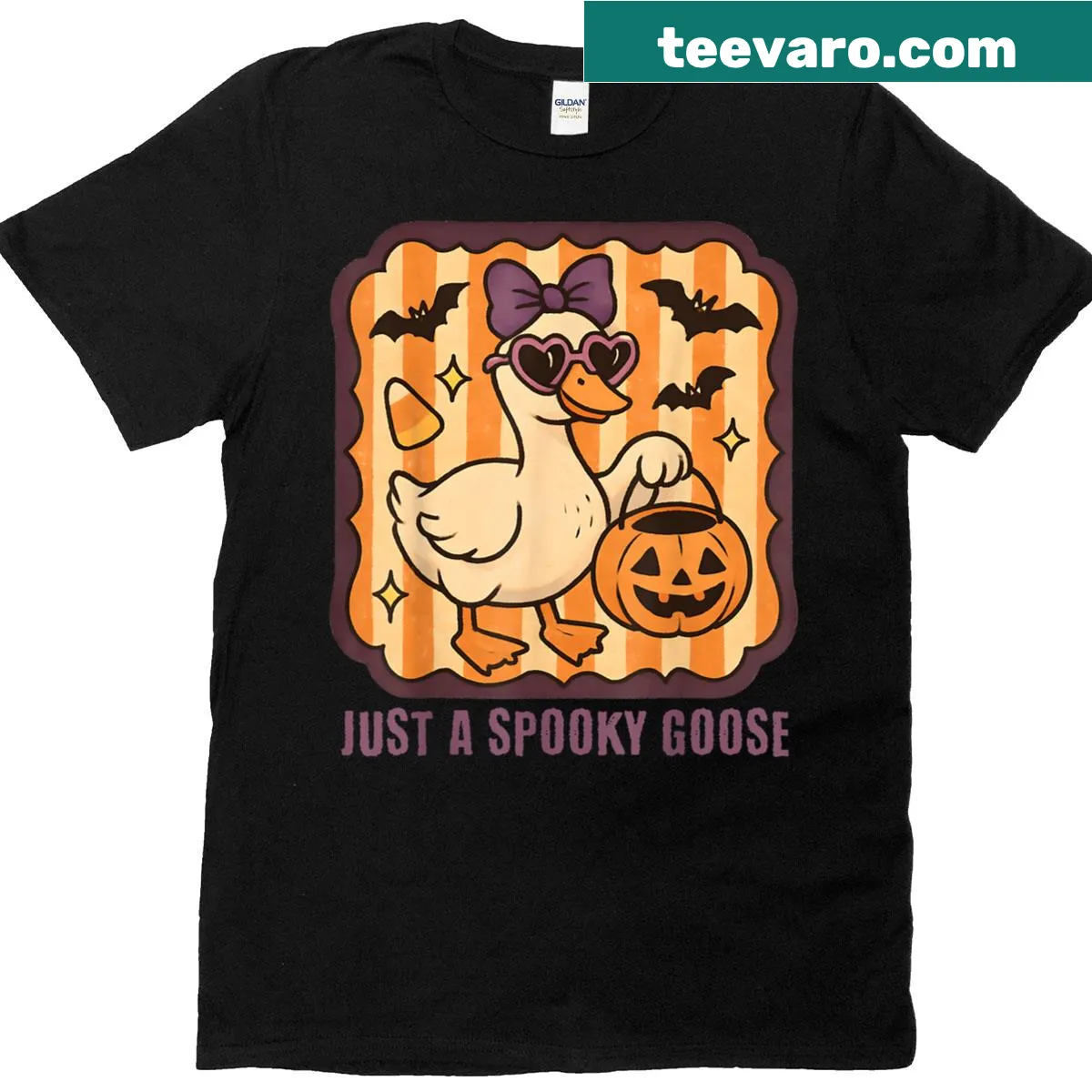 Funny cartoon goose in Halloween costume on T-shirt — on a men's t-shirt