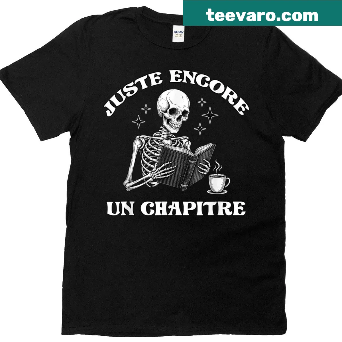 Skeleton reading a book with text 'Just One More Chapter' — on a men's t-shirt