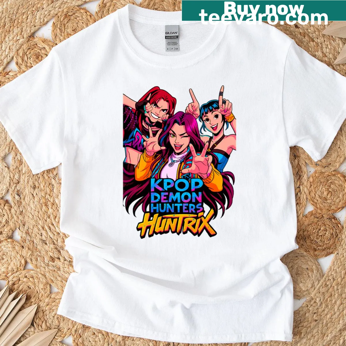 K-pop themed t-shirt with demon hunters artwork — on a men's t-shirt