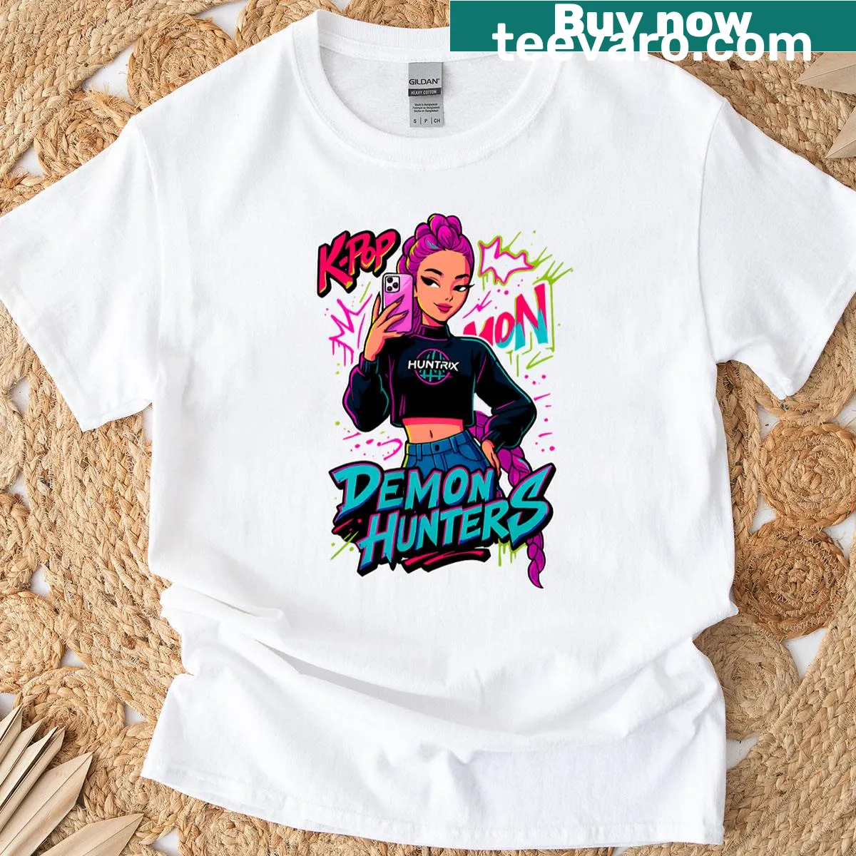 Illustrated K-pop demon hunters T-shirt — on a men's t-shirt