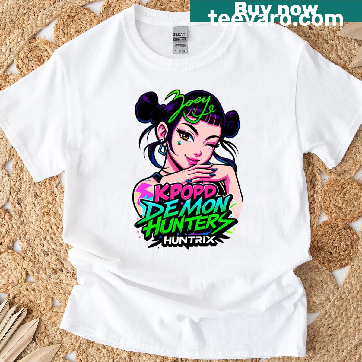 Oversized K-pop themed T-shirt featuring Zoey from Demon Hunters — on a men's t-shirt