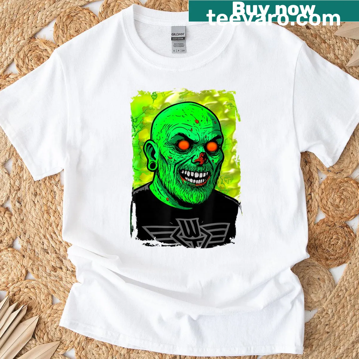 Cartoon zombie graphic with humorous expression on a t-shirt — on a men's t-shirt