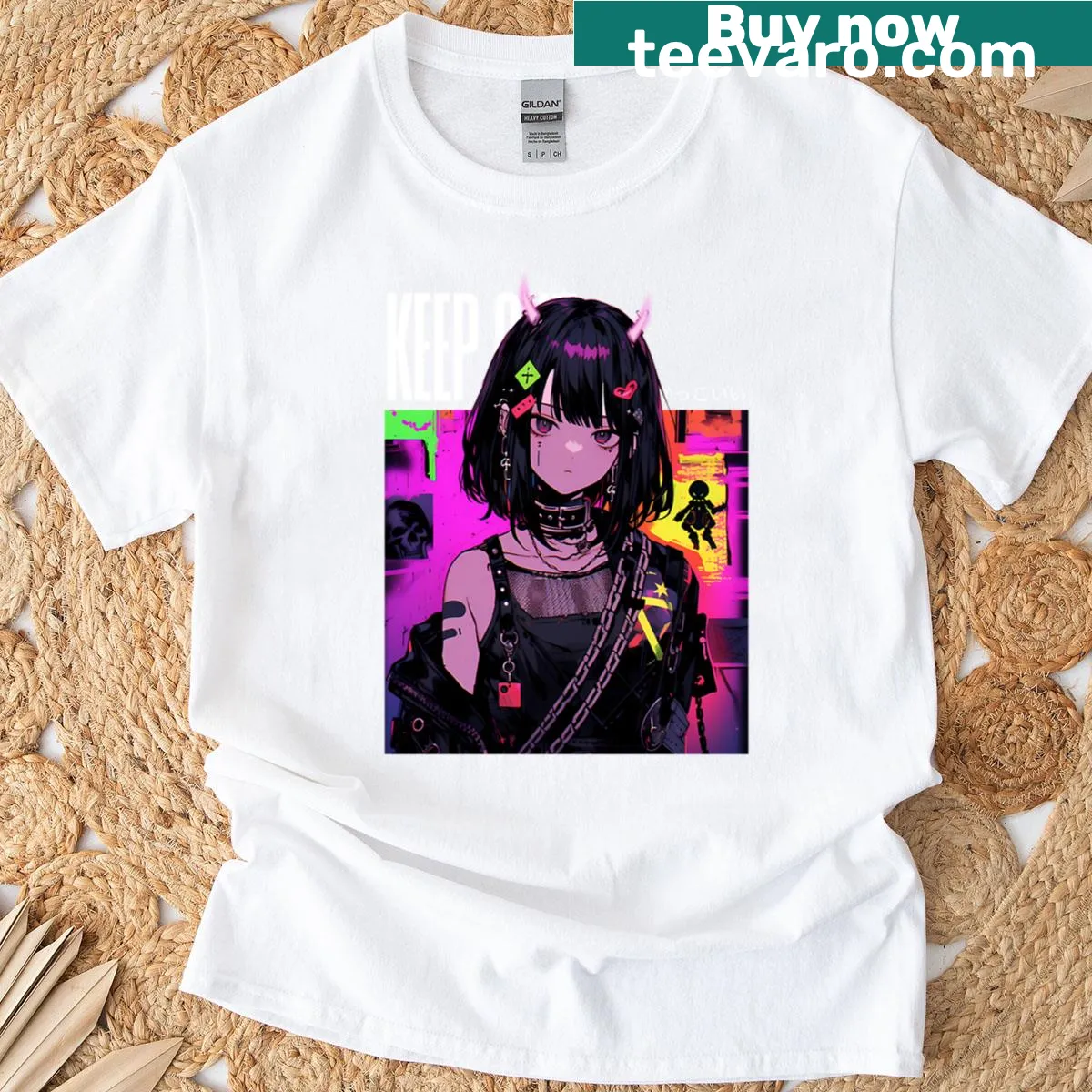 Edgy 'Keep Out' Anime T-shirt design for fans. — on a men's t-shirt