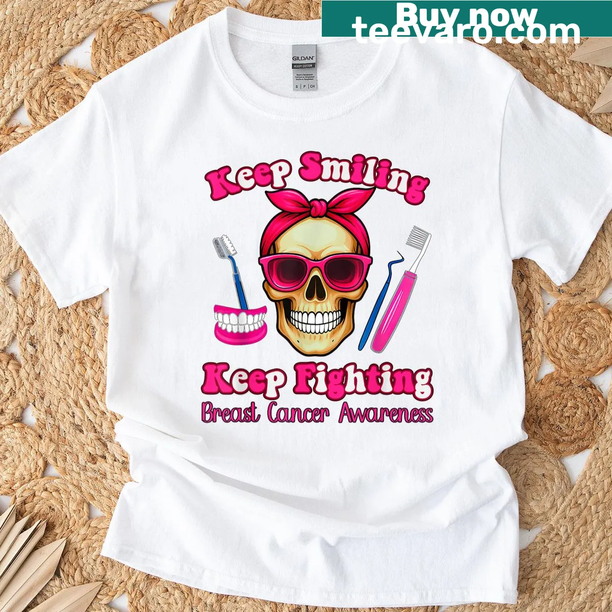 Halloween T-shirt featuring a pink skull graphic and an uplifting message — on a men's t-shirt