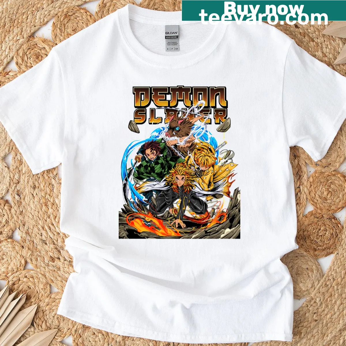 Demon Slayer anime graphic T-shirt featuring characters — on a men's t-shirt