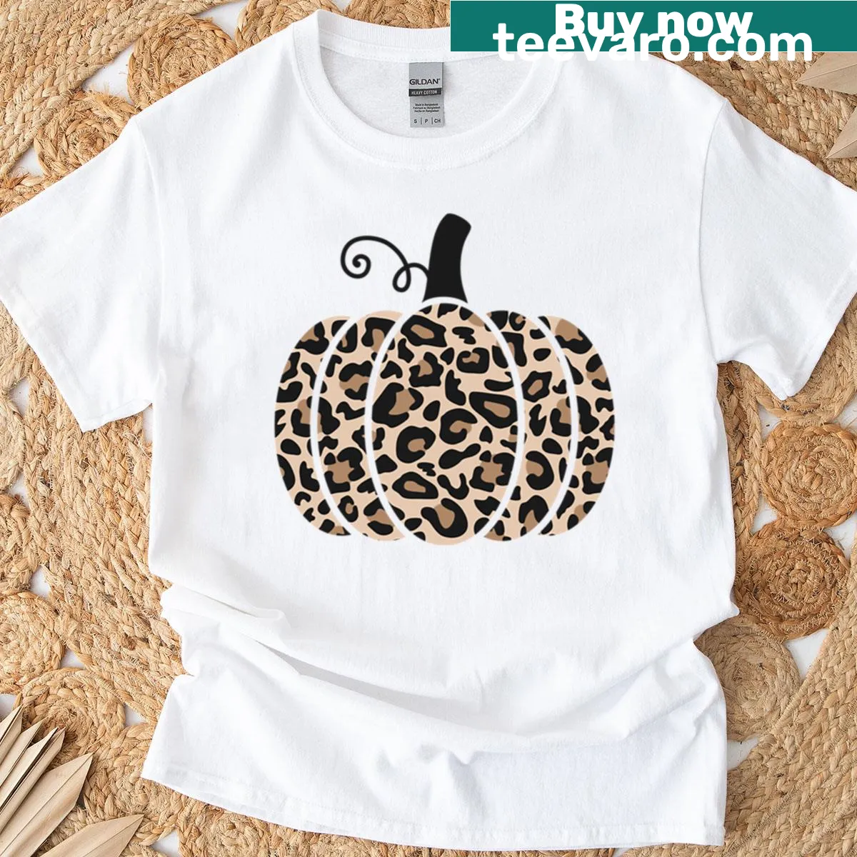 Fun pumpkin illustration with leopard print design T-shirt — on a men's t-shirt